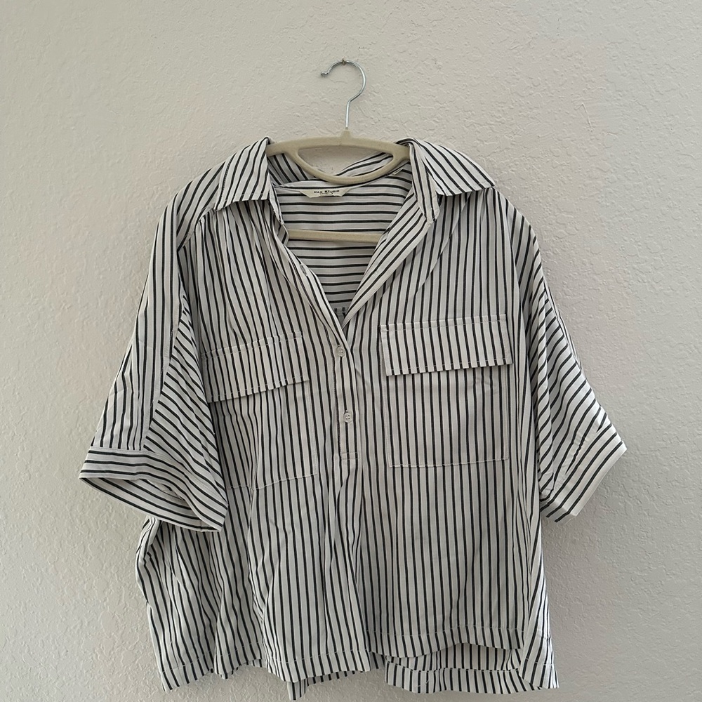 Max Studio Grey & White Vertical Stripe Short-Sleeve Shirt